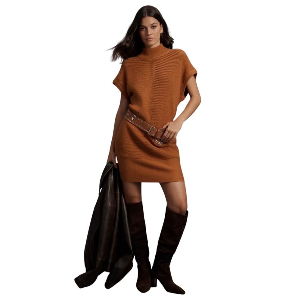 Anthropologie Camel Cap-Sleeve Mock-Neck Ribbed Sweater Mini Dress, Size XS